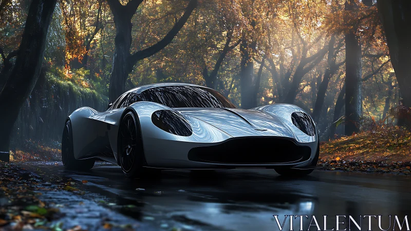 Silver sports car on wet forest road under filtered light.