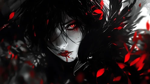 Monochrome figure with crow and red foliage elements.