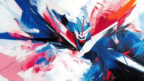 Abstract mech figure in dynamic red, blue, and white fields.