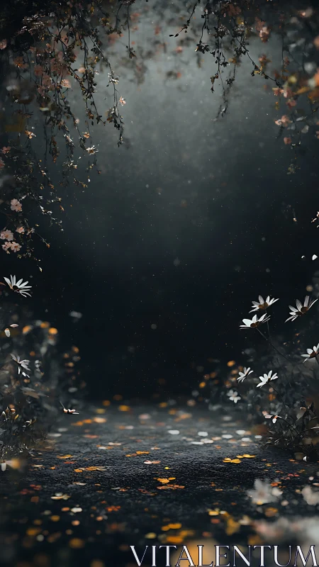 Nocturnal floral pathway under misty cinematic backlight.