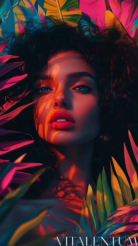 Neon jungle light carves a daydream across her quiet gaze