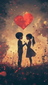 Two figures holding hands beneath giant glowing red heart.