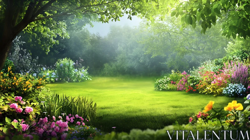 Sunlit garden clearing framed by lush flowering borders.