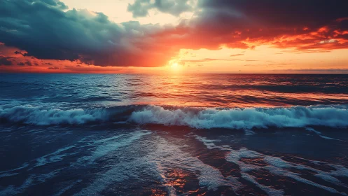 Sunset over ocean horizon with waves in foreground.