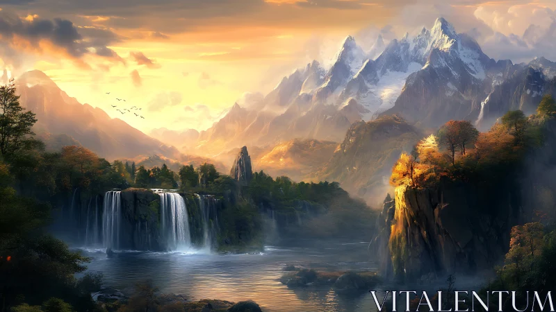 Mountain valley with waterfalls, river, and autumn forests.