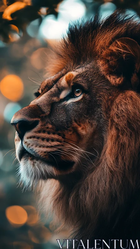 Majestic lion gazes upward amid warm glowing bokeh lights.