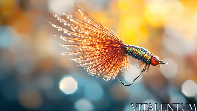 Close view shows detailed orange fly fishing lure in focus