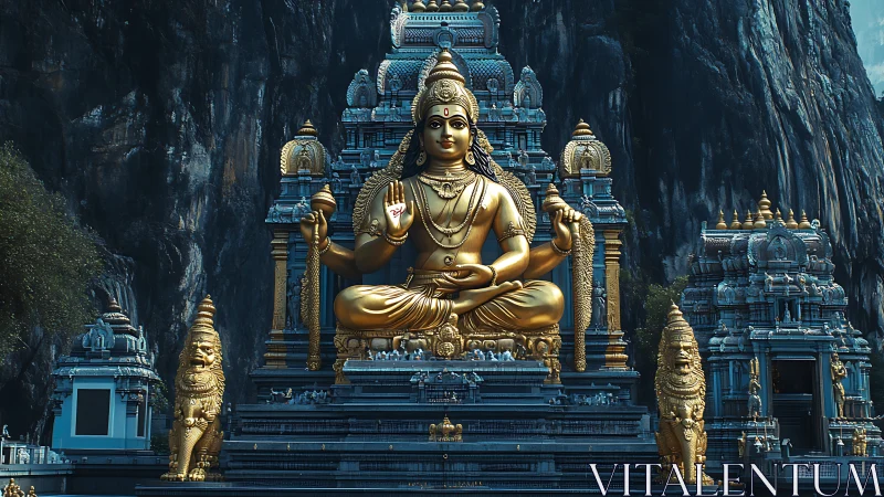 Golden seated deity statue in ornate mountain temple complex.