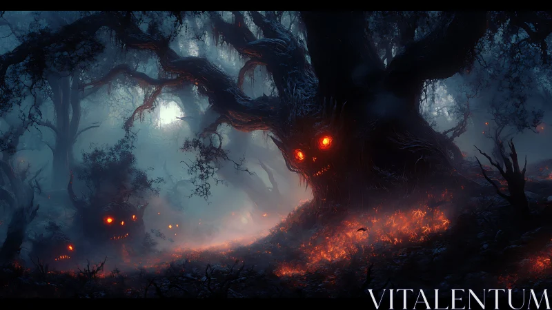 Eerie forest spirits glow with fiery eyes in the misty night