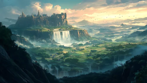 Elevated cliffside citadel above terraced valley waterfalls