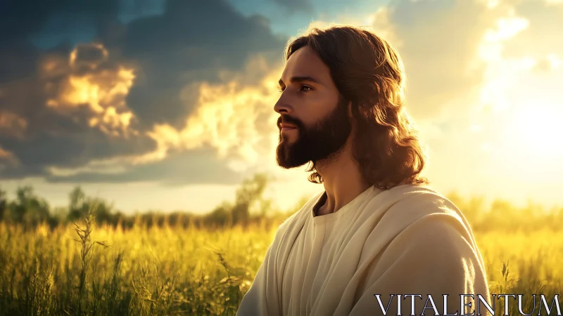 Serene robed man in golden field at dramatic sunset.