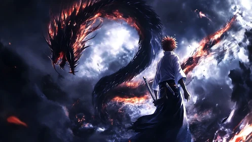 Stormblade warrior confronts blazing void serpent of night.