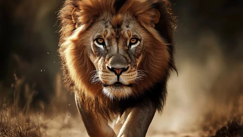Regal lion strides through dust in golden rim lighting.