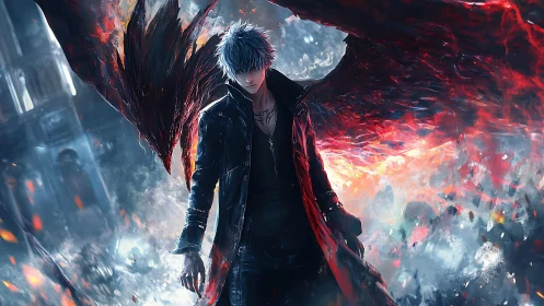 Silver haired figure with fiery wing in ruined urban setting.