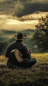 Lone guitarist in sunset meadow under stormy clouds.