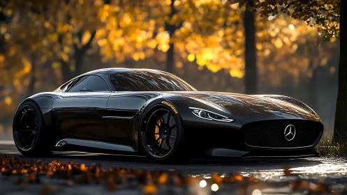 Sleek black supercar glides through golden autumn light