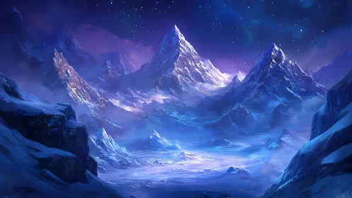 Glacial mountain basin under auroral starlight in digital render