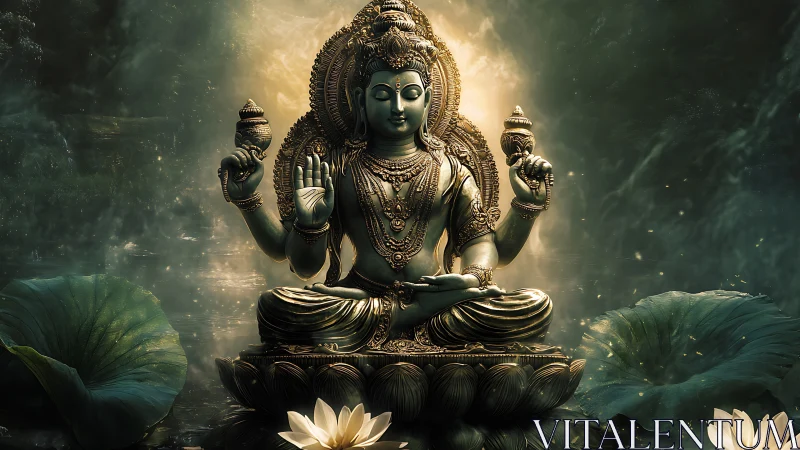 Lotus-born deity glows in emerald mist and sacred stillness.