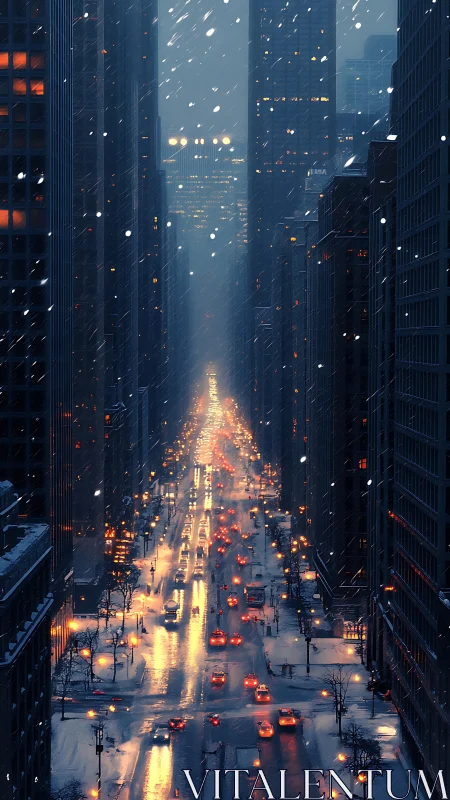 Snowy night city avenue with glowing traffic lights.