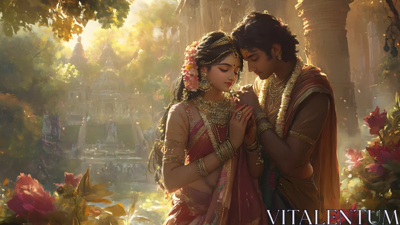 Indian couple stands embracing in ornate temple garden