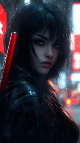 Neon-soaked warrior gazes back in a rain-drenched alley.