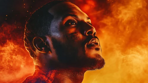 Incandescent portrait amid volumetric fire simulation glow.