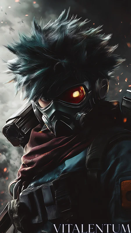 Armored cyberpunk scout with glowing monocular optic in smoke