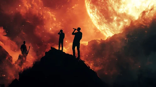 Silhouetted band stands on rocky peak before burning sun