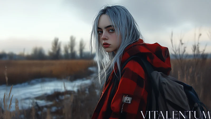Silver-haired teen in red plaid parka crosses frozen marshland at dusk