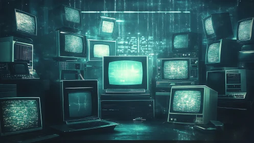Retro monitors glow inside dense teal cyberpunk control hub