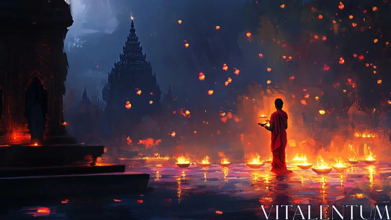 Monk with floating ritual lanterns before temple silhouettes