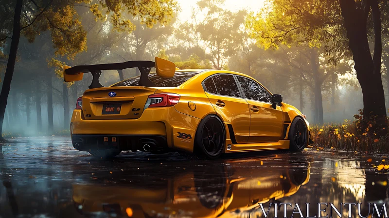 Golden Subaru tuner car waits in a misty autumn forest lane