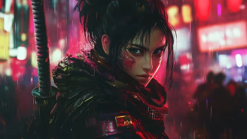 Female cyberpunk warrior in rainy neon city alley.