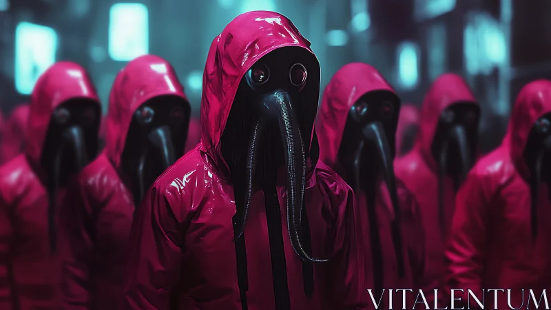 Crimson plague sentinels drift through neon drowned streets