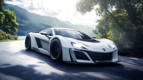 White futuristic sports car on winding forest mountain road.
