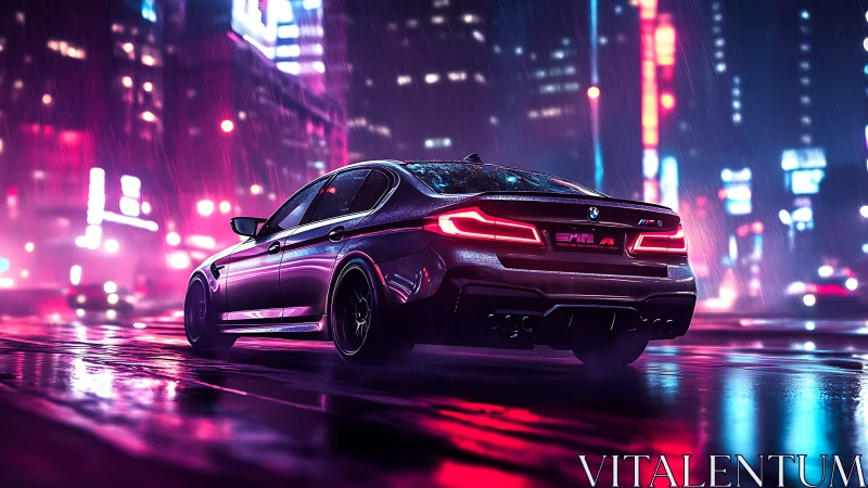 BMW sedan in neon lit rainy city street at night scene.