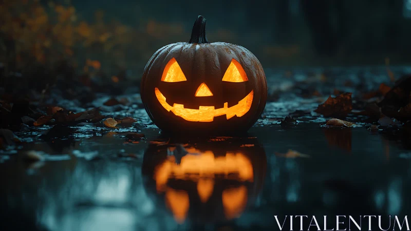 Carved jack o lantern glows over wet autumn forest path