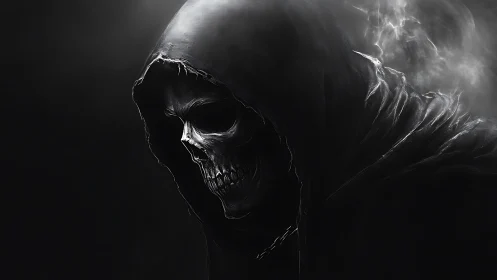 Hooded skeletal reaper silhouette in dark smoke shroud.