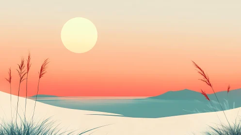 Soft pastel beach sunset bathes tranquil dunes in light