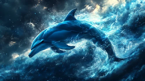 Radiant dolphin surfing wild starlit ocean waves.