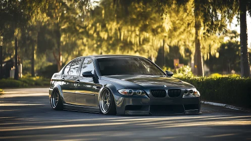 Slammed grey BMW sedan under golden afternoon trees.