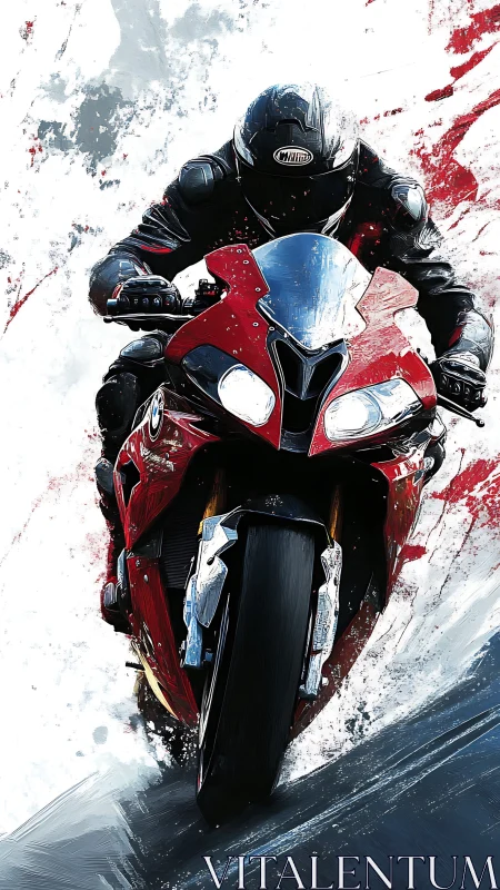 Red sport bike carving through swirling painted speed.