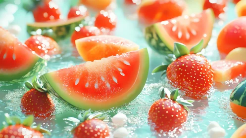 Summer-bright watermelon and strawberries in sparkling water.
