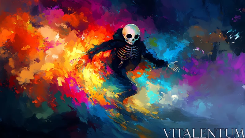 Skeleton figure in swirling neon fire and shadow storm.