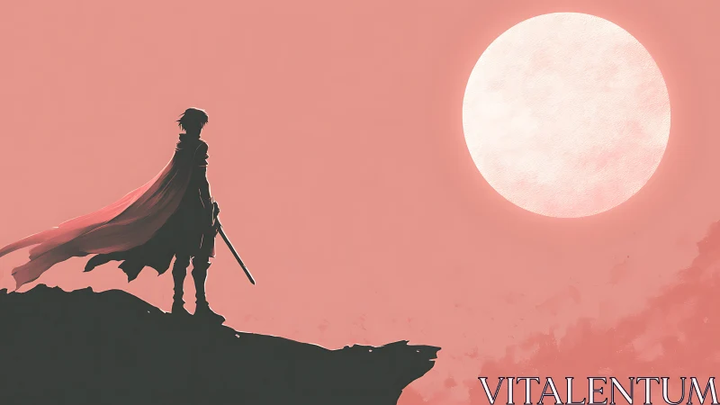Lone caped swordsman greeting a pale colossal moonscape.