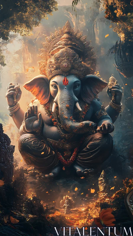 Digital painting of monumental Ganesha deity in jungle shrine.