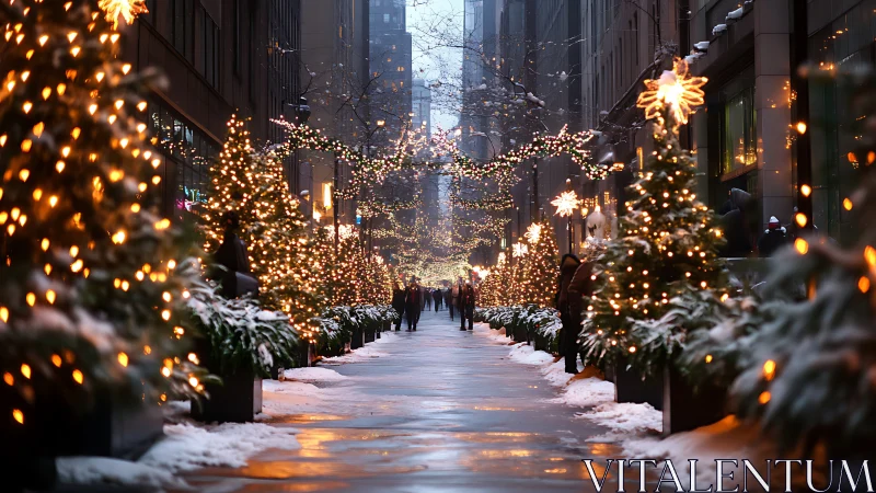 Urban winter walkway with symmetrical holiday lighting display.