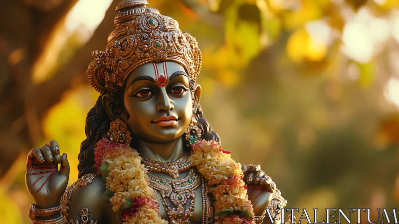 Photorealistic deity sculpture with floral garland and bokeh light.