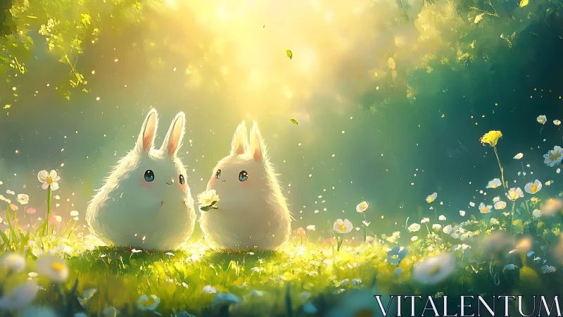 Two stylized white rabbits in backlit forest meadow scene.