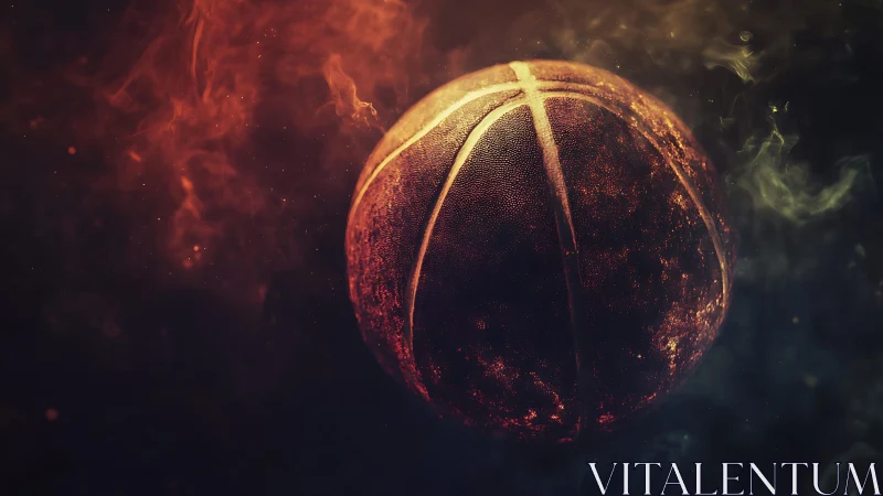 Glowing textured basketball surrounded by drifting smoke.